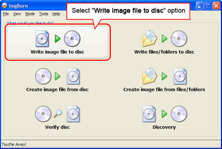 Select Write image file to disc option