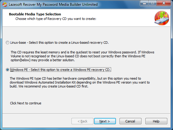 Lazesotft Recover My Password bootable media builder choose type of Recovery CD.