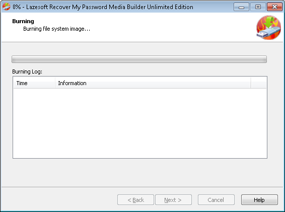 Lazesotft Recover My Password bootable media builder burning CD.