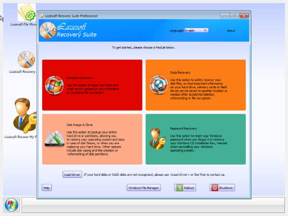 Lazesoft Recovery Suite bootable disk desktop.